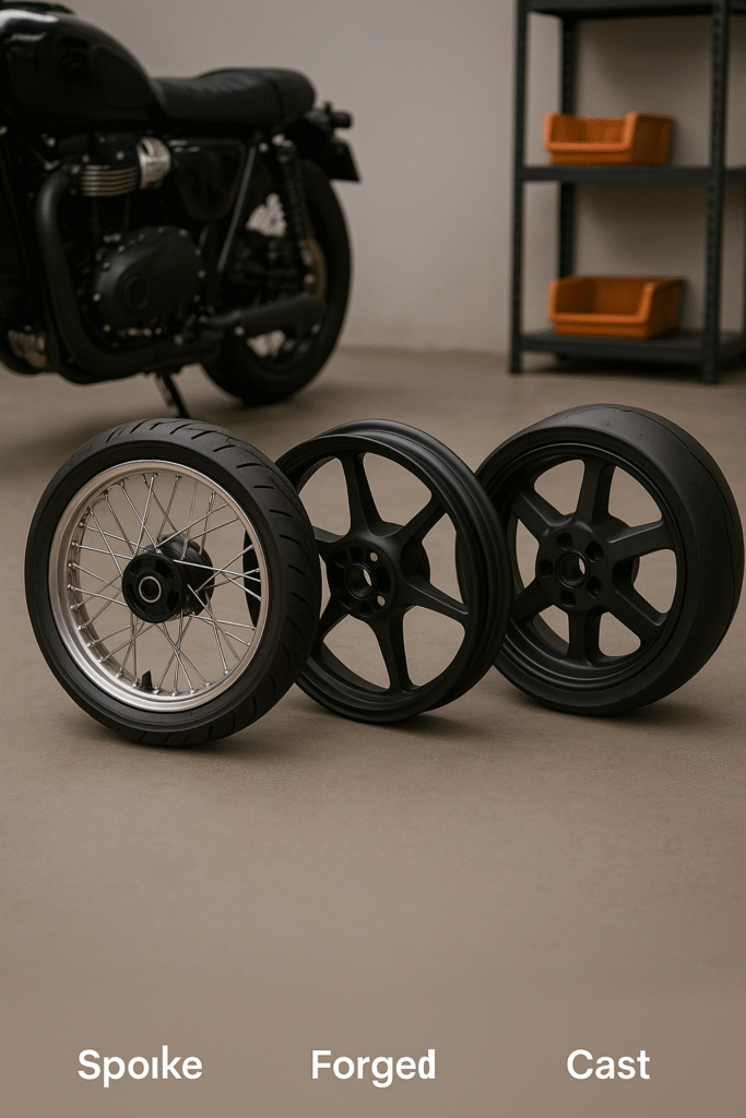 A workshop scene showcasing three types of motorcycle wheels: a chrome laced wheel, a black forged wheel, and a black cast wheel, placed in front of a motorcycle.