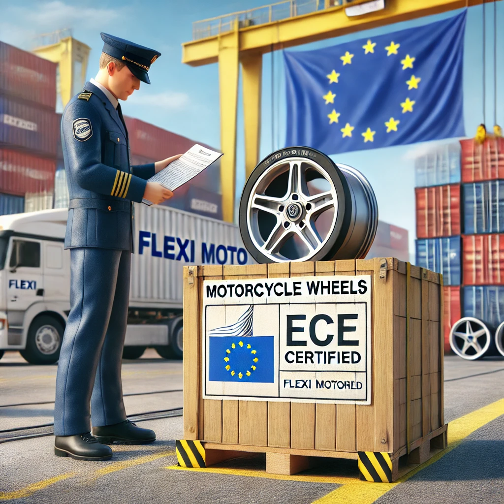 EU customs officer inspecting documents next to a crate of ECE-certified motorcycle wheels, with FLEXI Moto branding and European Union flags visible in the background, highlighting compliant motorcycle parts import process.