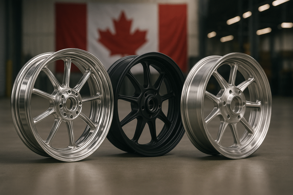 Lineup of forged motorcycle wheels in a workshop setting, symbolizing top suppliers in Canada for 2025 B2B sourcing