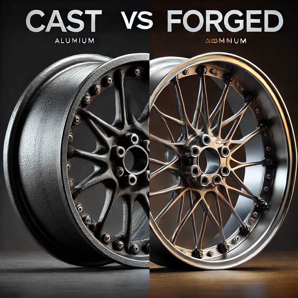 Side-by-side comparison of cast and forged motorcycle wheels showing surface texture and spoke design differences, used in a custom shop sourcing context.