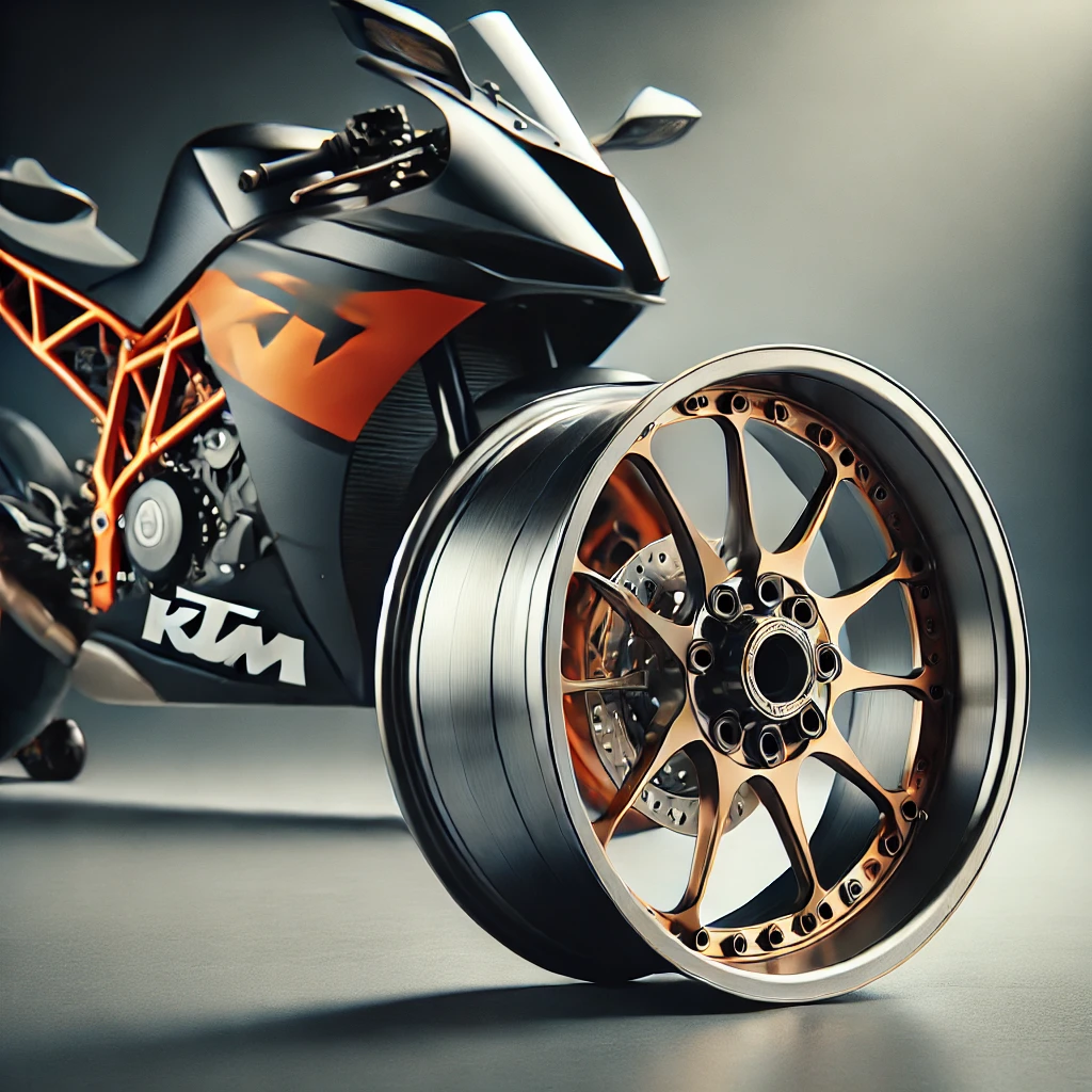 Forged motorcycle wheels for KTM in brushed aluminum and orange finish.