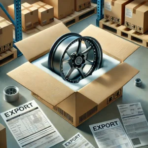 Packed motorcycle wheel with export documents from a Chinese supplier.