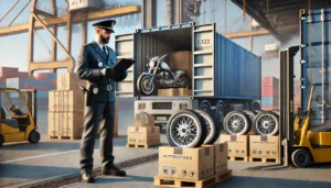 A customs officer checking motorcycle wheel shipments and paperwork to ensure compliance with EU and US import standards.