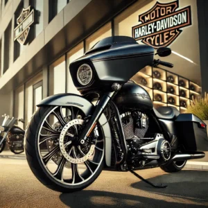 Forged custom wheel on Harley-Davidson Touring motorcycle parked in front of a custom shop