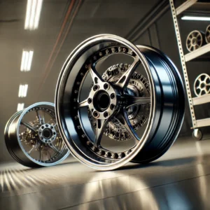 Close-up of premium forged motorcycle wheels with polished finishes in a professional workshop setting, representing top suppliers in the USA.