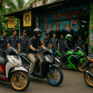 Modified scooters and motorcycles with forged wheels outside a busy custom garage in Jakarta’s street scene