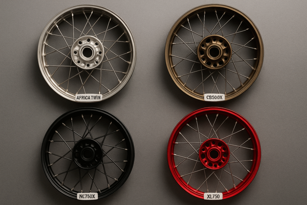 Custom finish and hub options for Honda laced adventure motorcycle wheels.