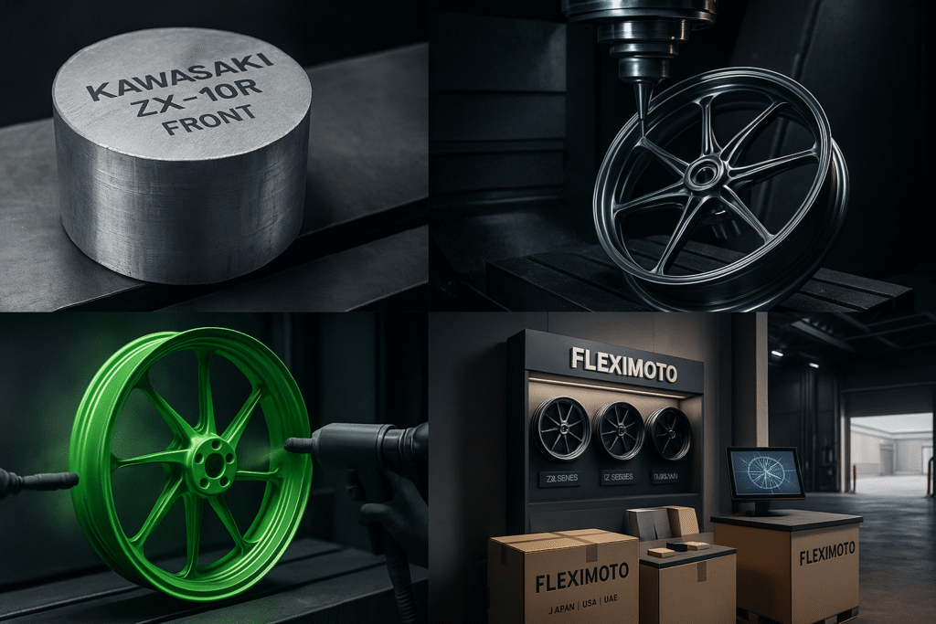 The complete Kawasaki forged wheel production and export process at FLEXIMOTO.