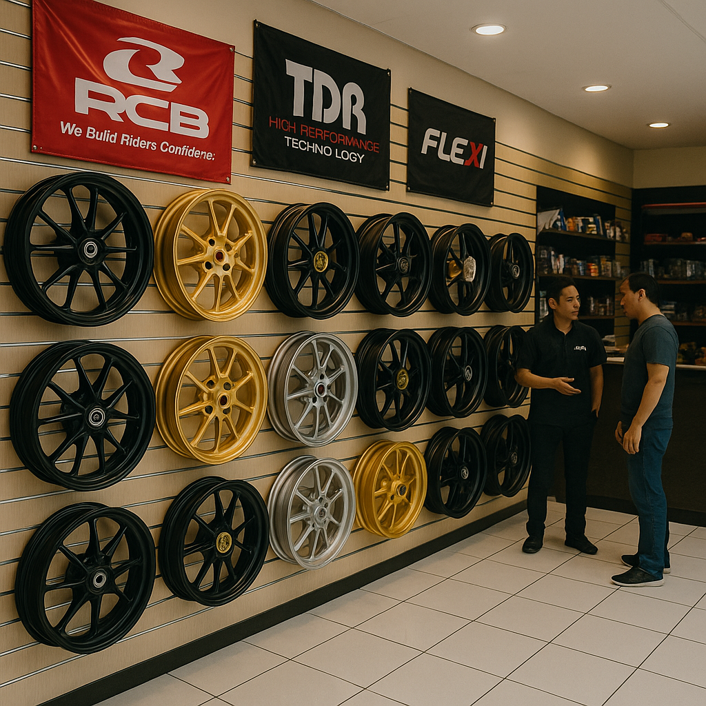 Forged motorcycle wheels on display inside an Indonesian parts store with brand banners and a customer interaction