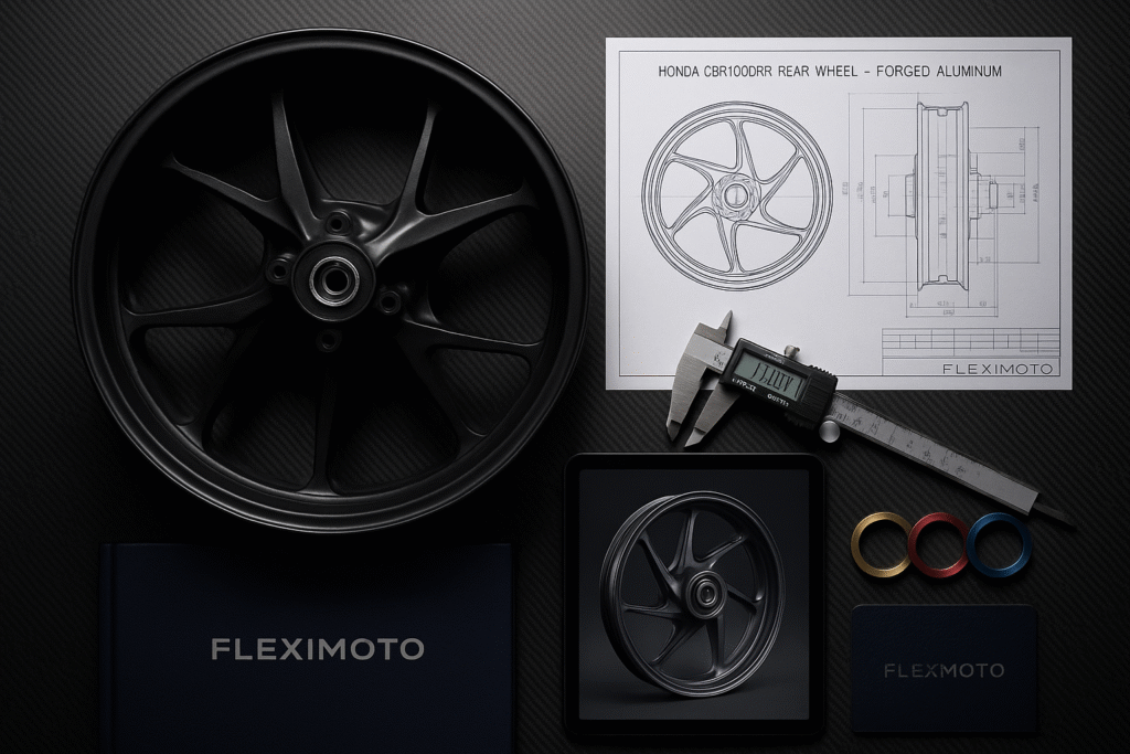 Honda forged wheel sample with blueprints, 3D renderings, and material samples on a sourcing desk.