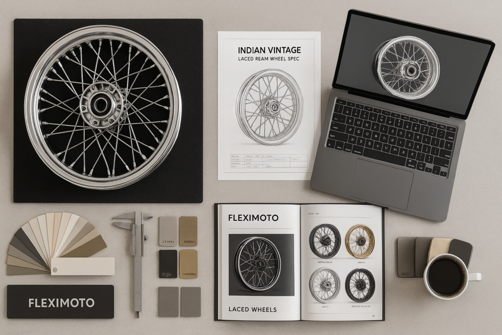 Sourcing setup for Indian cruiser laced wheels with technical drawings, catalogs, and product samples.