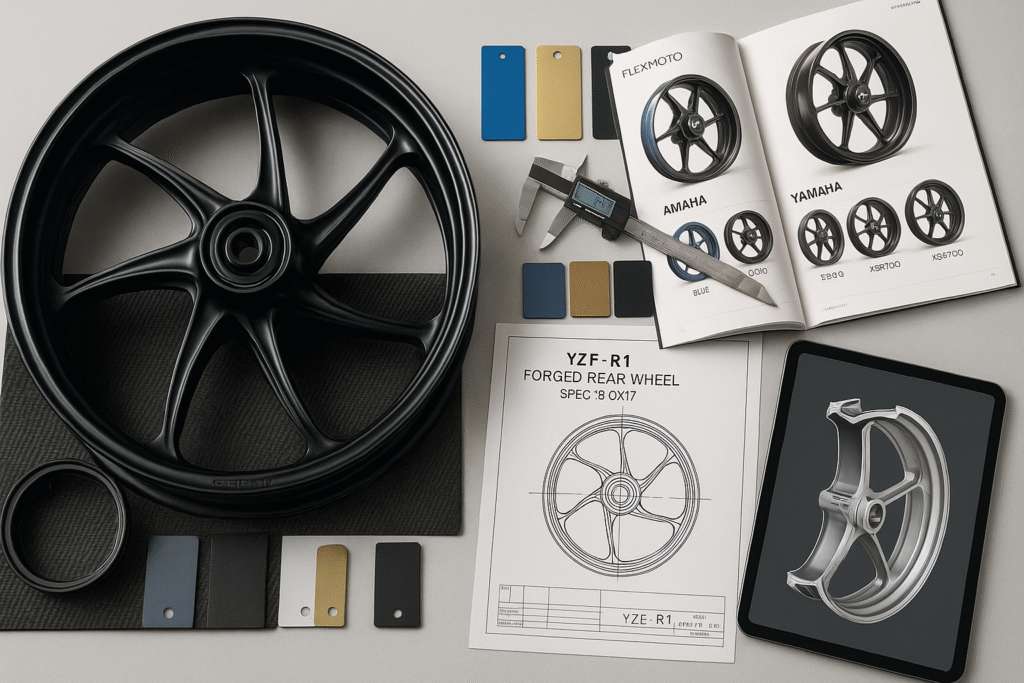 Desk setup for sourcing Yamaha forged wheels, including wheel sample, spec drawing, and finish options.