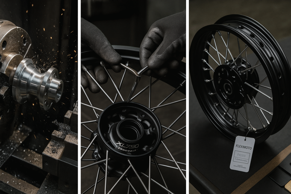 FLEXIMOTO's precise production process for Honda laced motorcycle wheels.