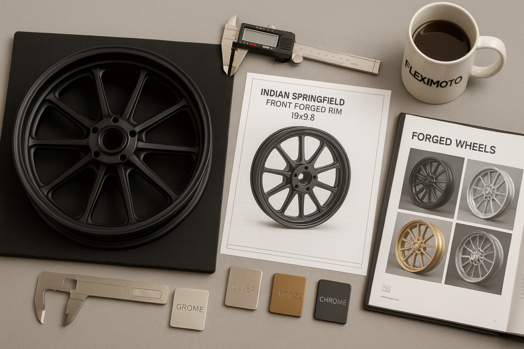 FLEXIMOTO’s forged wheel production line for Indian cruisers: forging, CNC, finishing, and global shipping preparation.