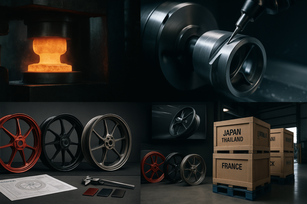 FLEXIMOTO manufacturing and export process for Yamaha forged wheels — from billet forging to international shipment.
