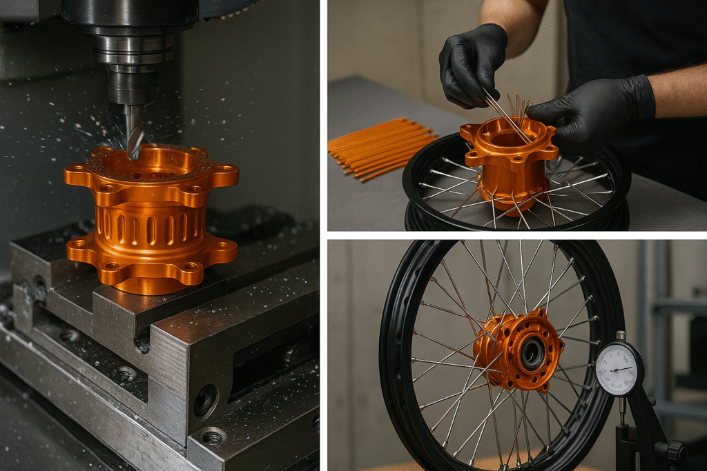 Manufacturing process of KTM adventure laced wheels by FLEXIMOTO, from CNC to quality control.