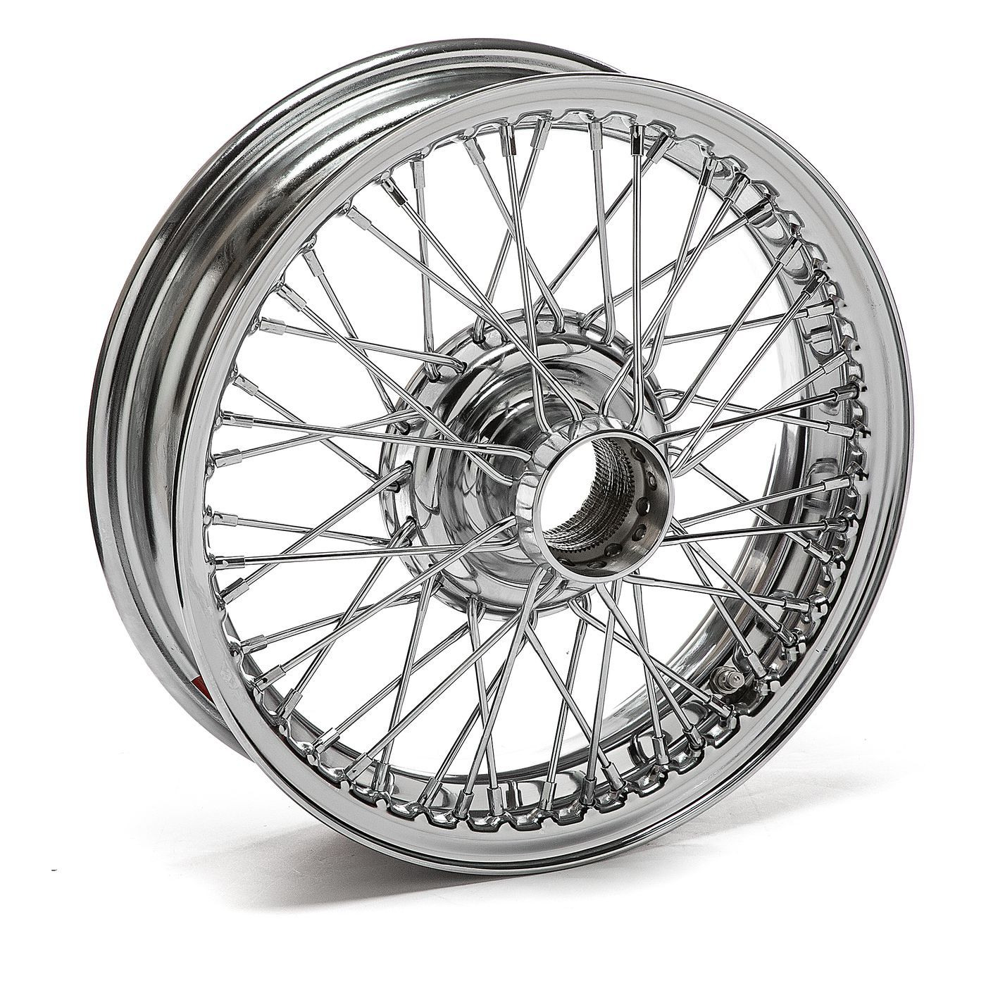 Angled view of chrome laced wheel with numbered hub for Triumph Tiger, emphasizing structural strength and detail.