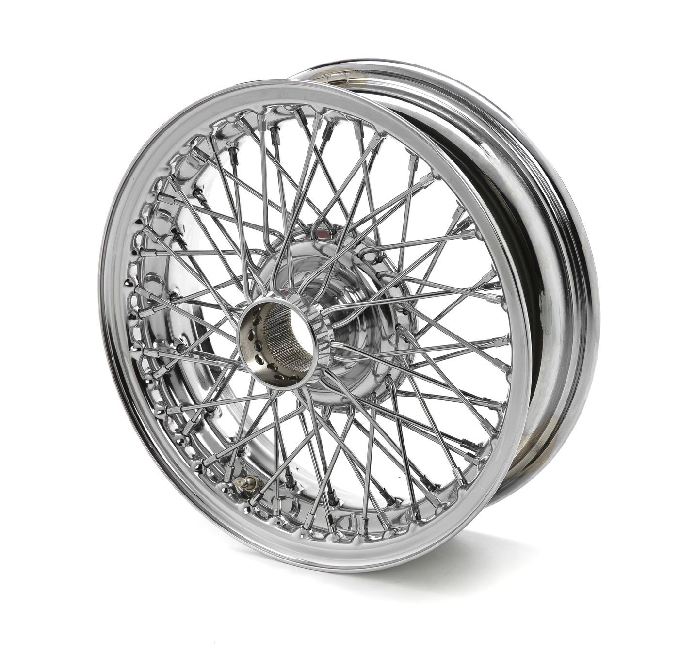 Front-facing chrome laced wheel for Triumph motorcycles, showing precision spoke alignment and center cap design.
