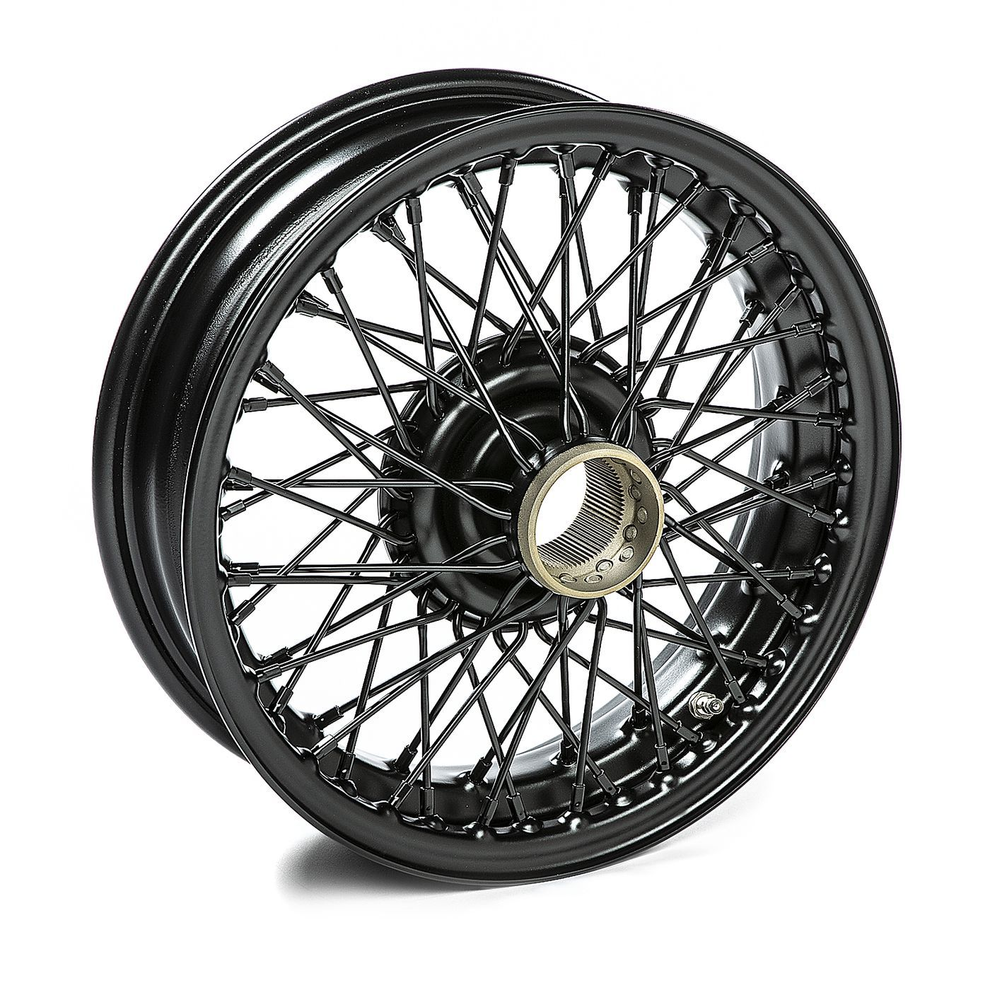 Rear angle of a black anodized laced wheel, tailored for Triumph Tiger Rally models with off-road strength.