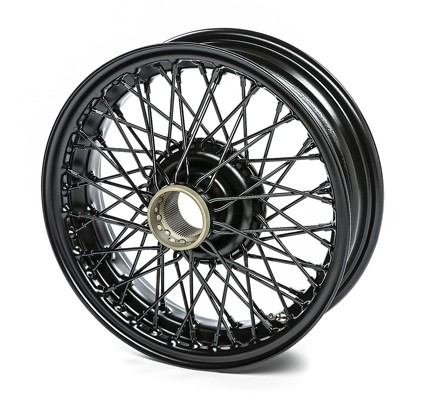 Matte black laced wheel with steel spokes and reinforced hub, ideal for Triumph Scrambler 1200 aftermarket upgrades.