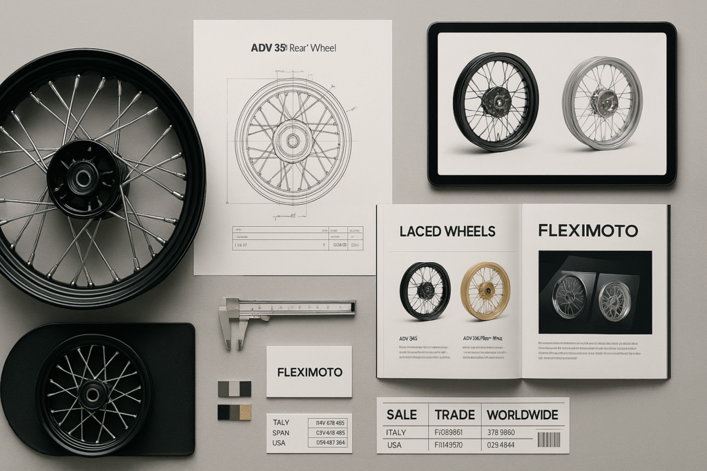 Procurement workspace showing technical drawings and samples of Honda scooter laced wheels for B2B sourcing decisions.