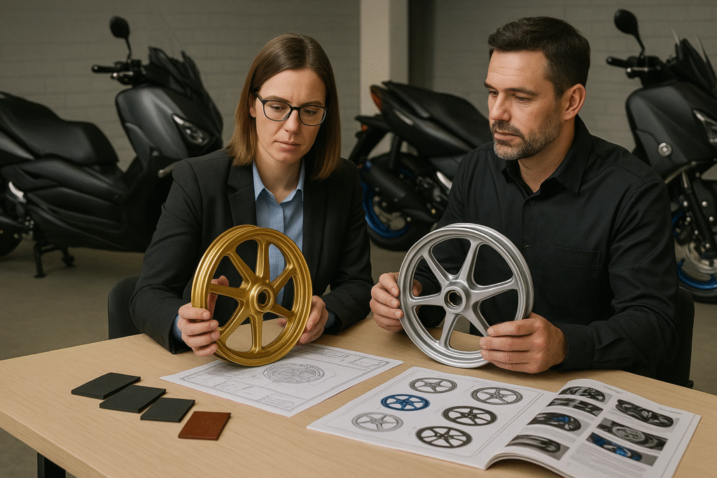 Motorcycle parts buyer evaluating custom cast wheel samples with supplier in a showroom setting, Yamaha scooters in background.