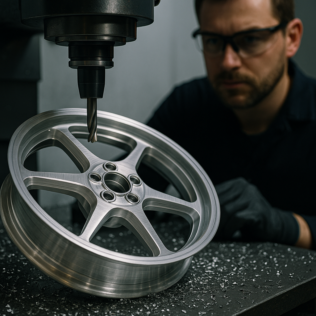 Close-up of CNC machine milling forged motorcycle wheel face with metal shavings and safety technician in a British workshop
