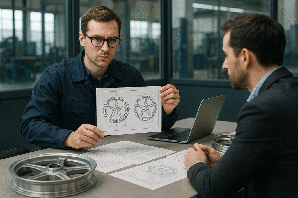 An engineer presents custom motorcycle wheel blueprints to a client in a factory office, with forged wheel samples, technical drawings, and a laptop on the table.