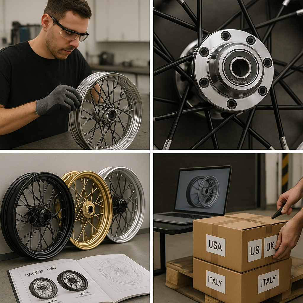 Production and export process of Harley laced wheels including lacing, machining, finishing, and global shipping preparation.
