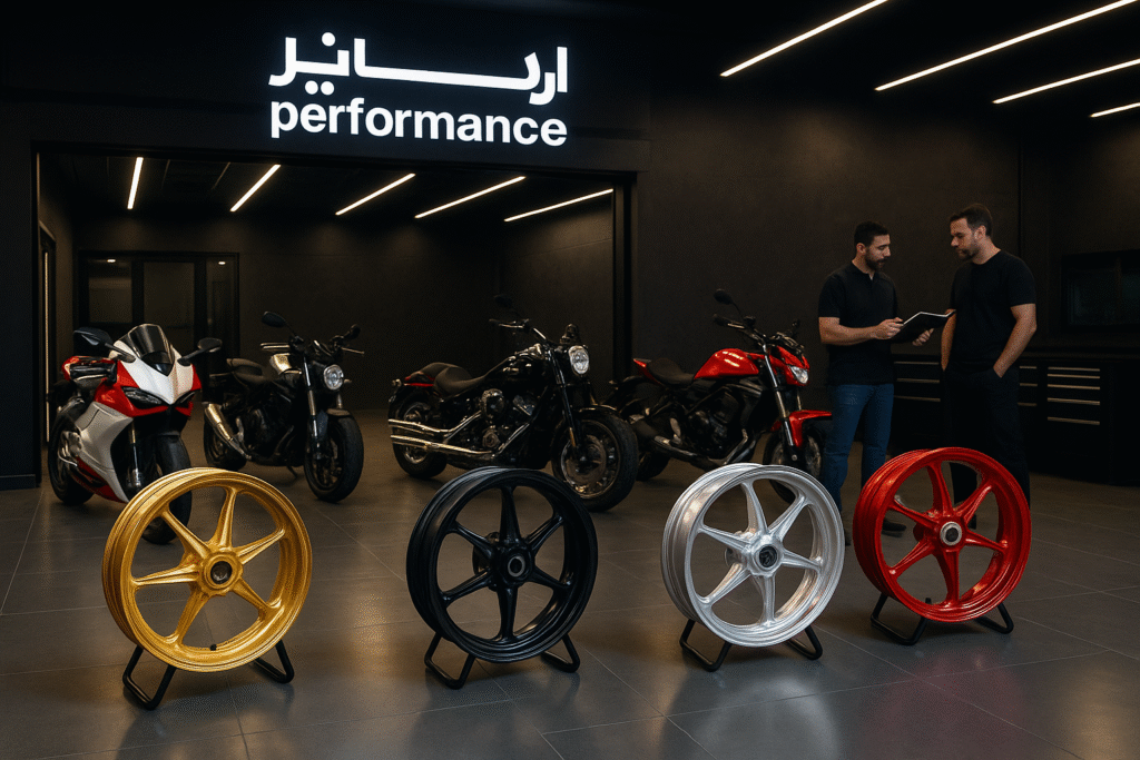 Forged motorcycle wheels displayed in a Dubai performance garage