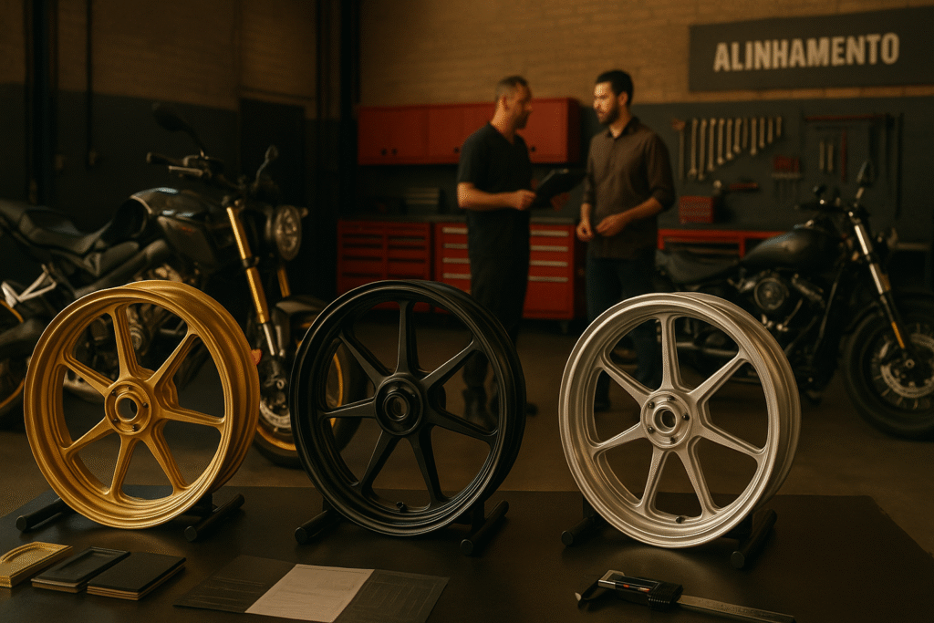 Forged motorcycle wheels in a Brazilian tuning garage with sport and cruiser bikes