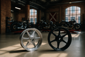 Two forged motorcycle wheels displayed in a British custom bike workshop with Triumph motorcycles in the background