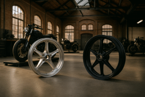 Forged motorcycle wheels showcased inside a modern German garage with industrial architecture and custom bikes