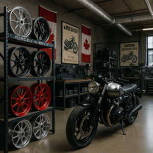 Forged motorcycle wheels in a premium Canadian workshop display