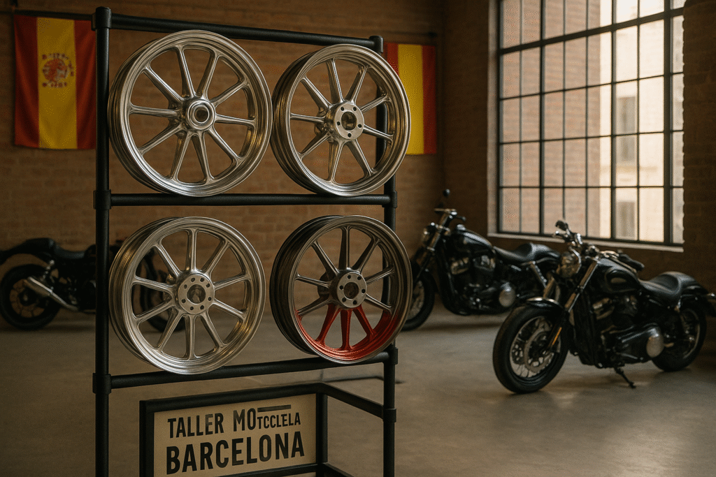 Forged motorcycle wheels displayed in a custom motorcycle shop in Spain