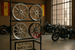 Forged motorcycle wheels displayed in a custom motorcycle shop in Spain