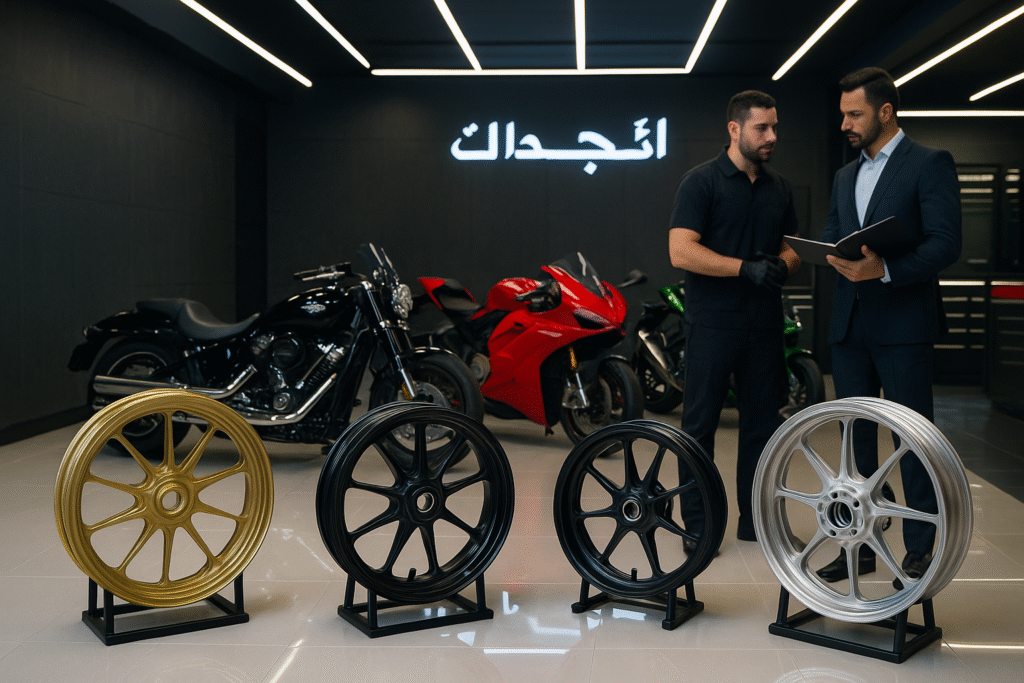 Forged motorcycle wheels in a luxury UAE bike shop