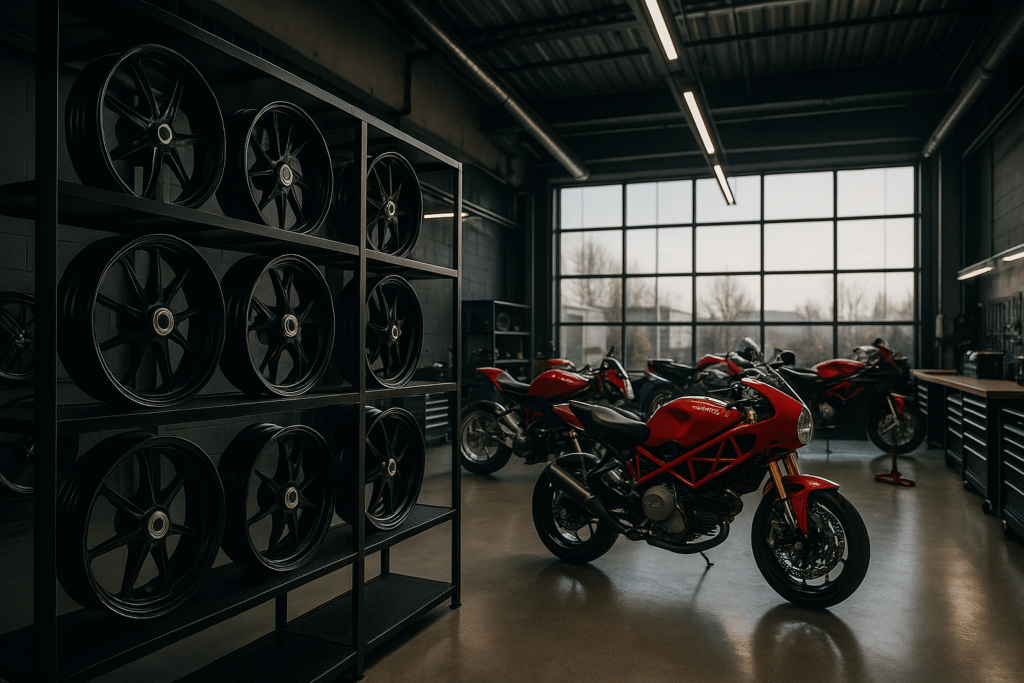 CNC machine working on forged motorcycle wheel in Italy