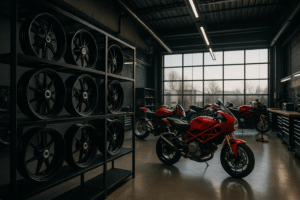 CNC machine working on forged motorcycle wheel in Italy
