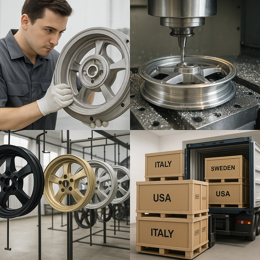 Casting, CNC machining, surface finishing, and export logistics of Vespa cast wheels at FLEXIMOTO factory.