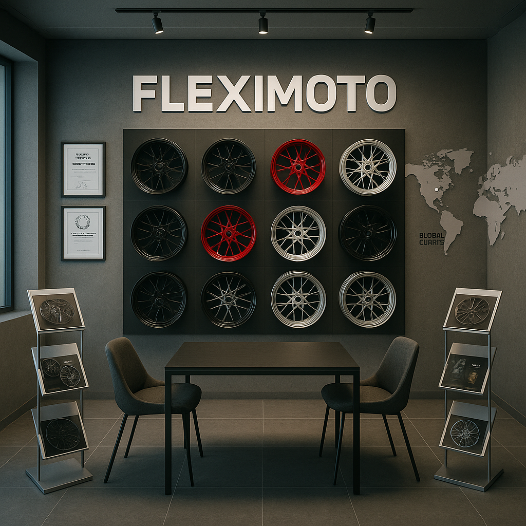 FLEXIMOTO showroom showcasing a wide range of laced motorcycle wheels with product brochures and branding elements.