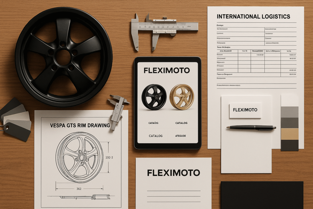 Desk setup showing Vespa wheel sample, technical drawings, and product planning materials for sourcing managers.