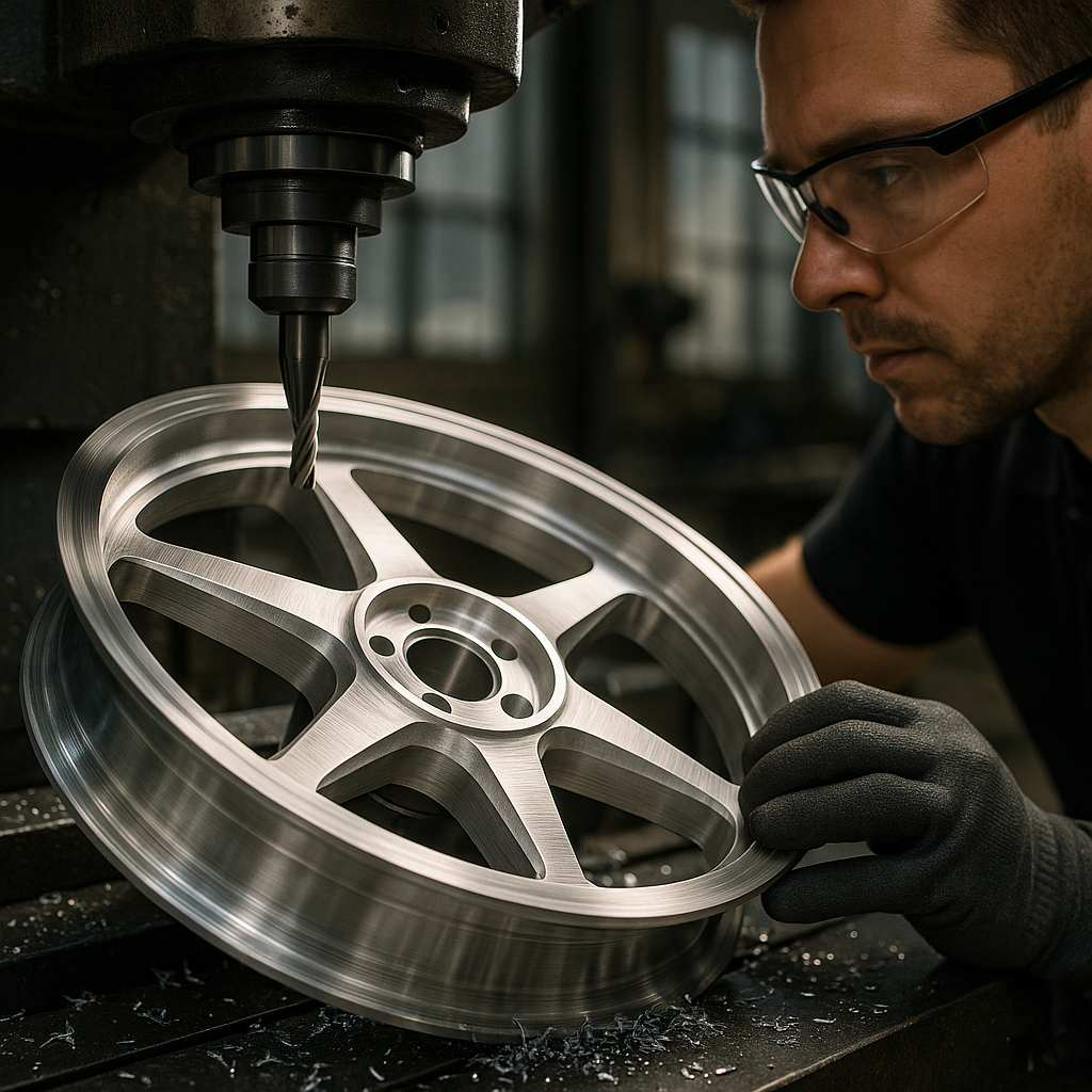 Close-up of CNC machine milling forged motorcycle wheel with visible metal chips and technician in protective gear