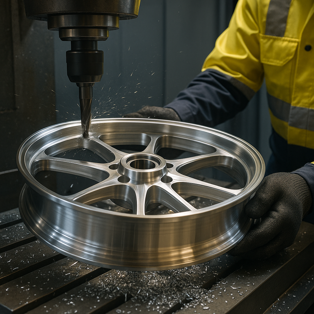 CNC machining forged motorcycle wheel in Australia with precision and detail