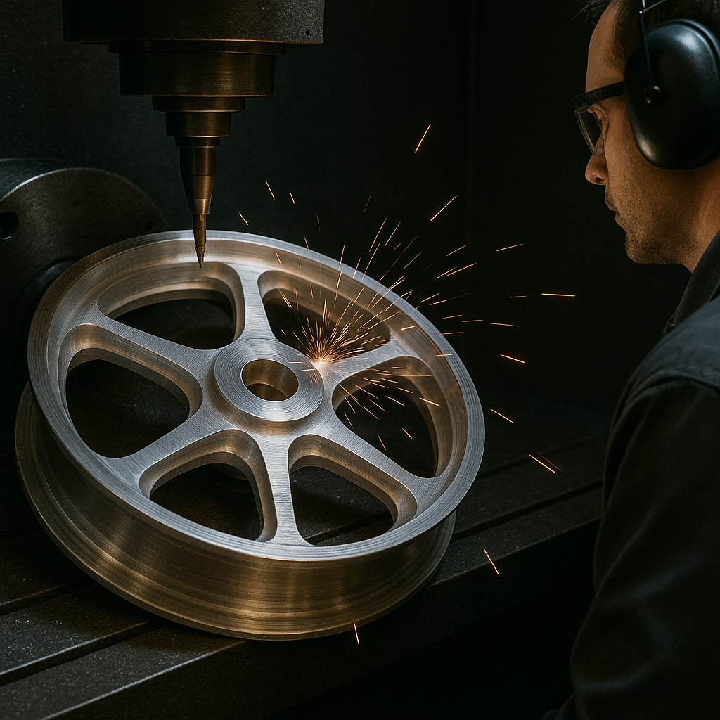 CNC machining process on forged motorcycle wheel in Canada