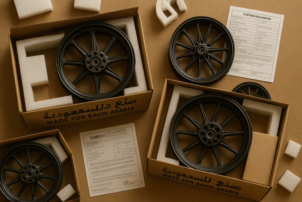 Export-ready packaging of forged motorcycle wheels for Saudi Arabia