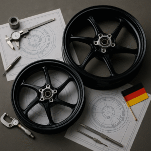 Forged motorcycle wheels in a German workshop with blueprints and tools in the background