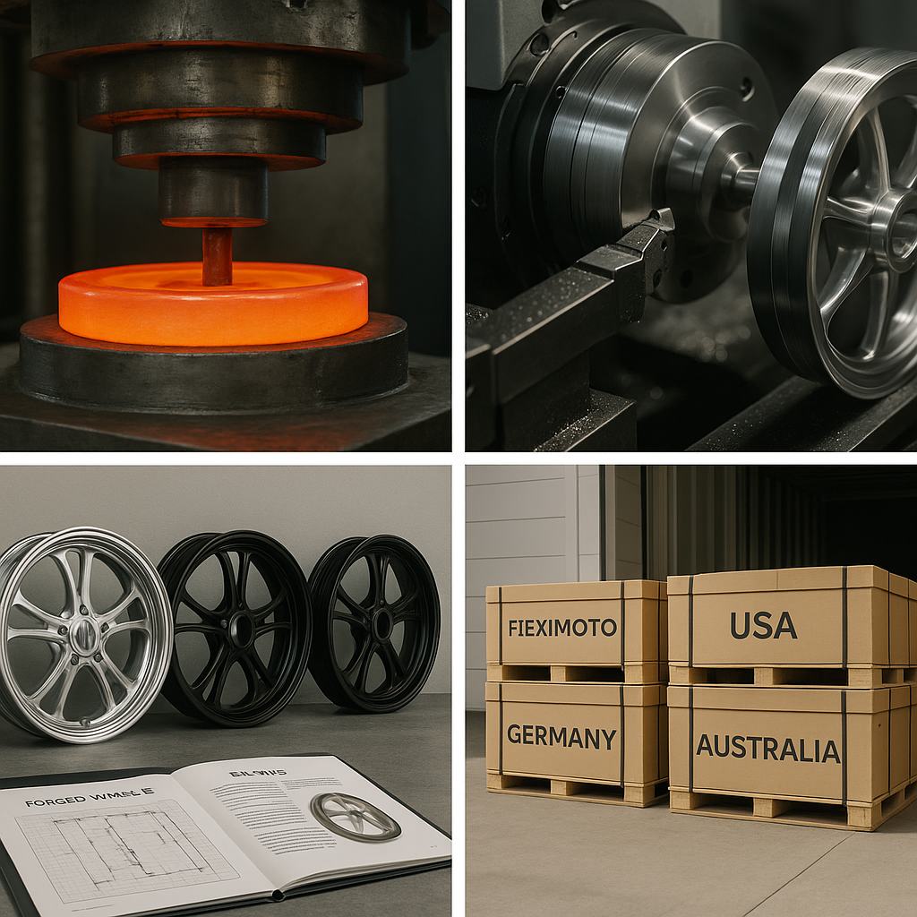 Complete process of Harley Davidson forged wheel manufacturing – forging, CNC machining, finishing, and export.