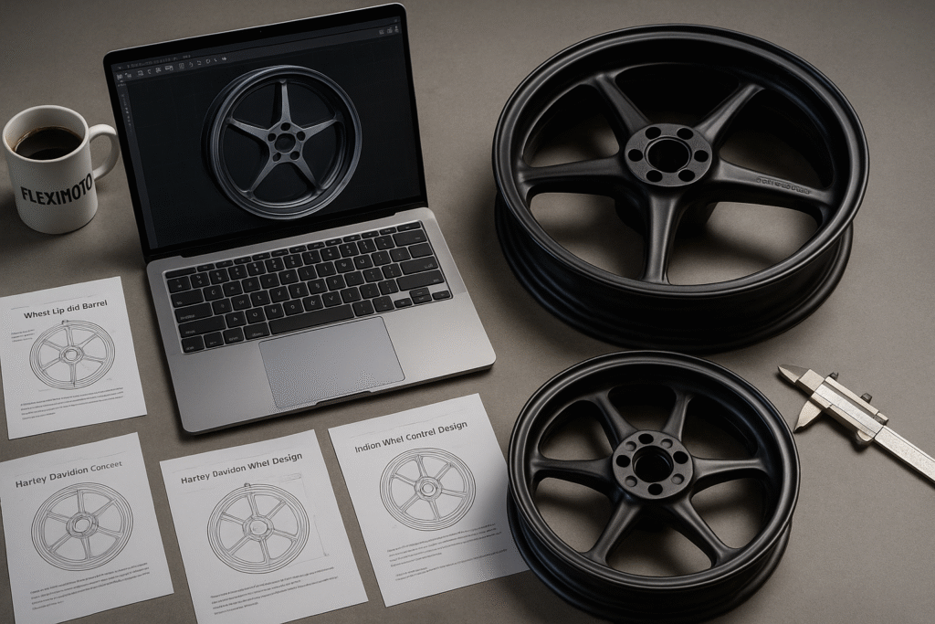 Technical planning desk with forged wheel CAD design, engineering tools, and documentation for Yamaha scooters.