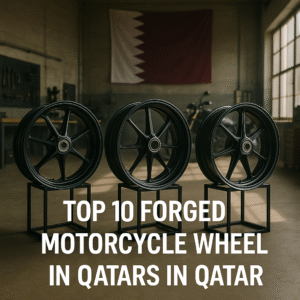 Premium forged motorcycle wheels on display in a modern Qatari garage
